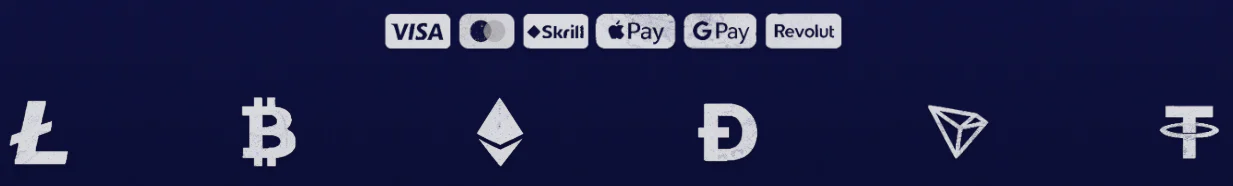 Bananzia Casino payment methods featuring Visa, Mastercard, Skrill, Apple Pay, Google Pay, Revolut, Bitcoin, Ethereum, Litecoin, Dogecoin, TRON and Tether