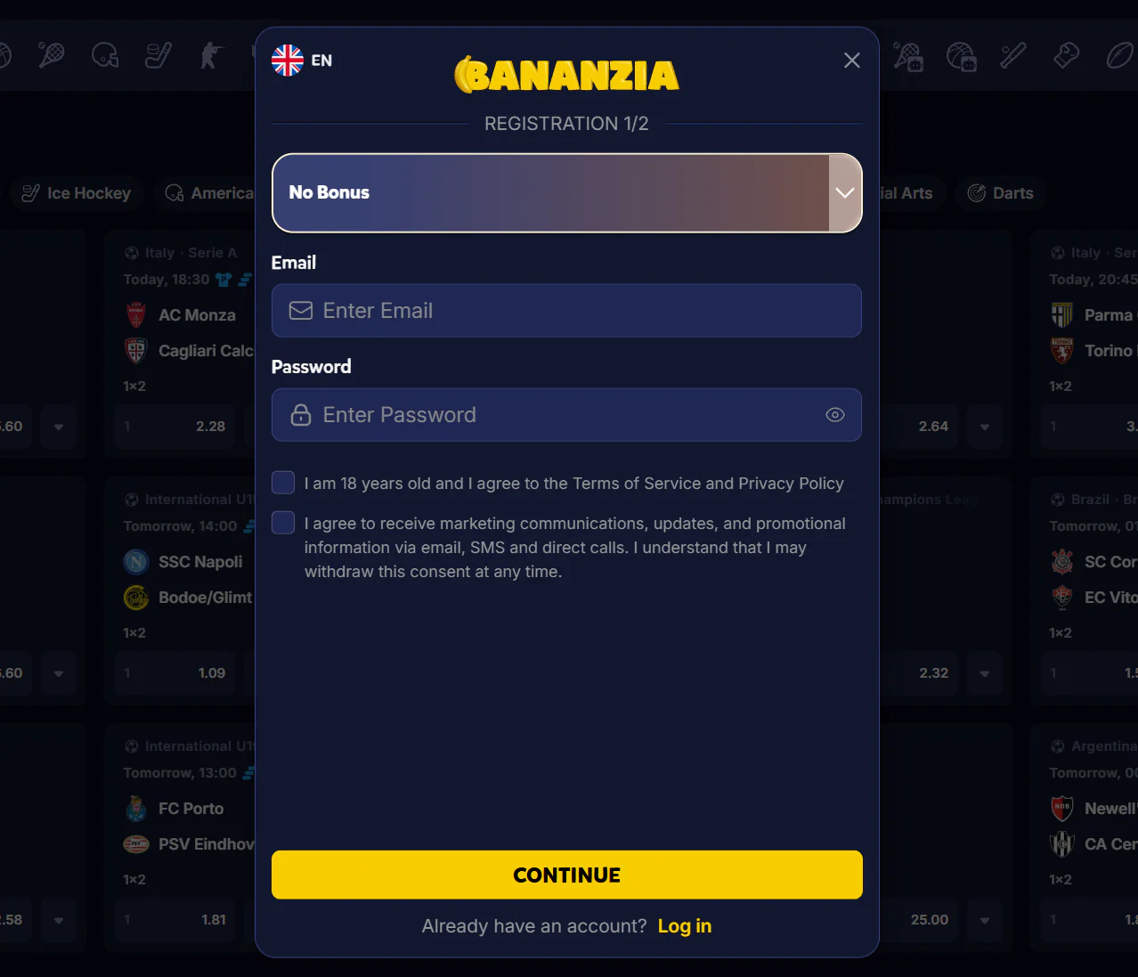 Bananzia Casino registration form showing bonus selection, email and password fields, age confirmation, marketing consent and Continue button